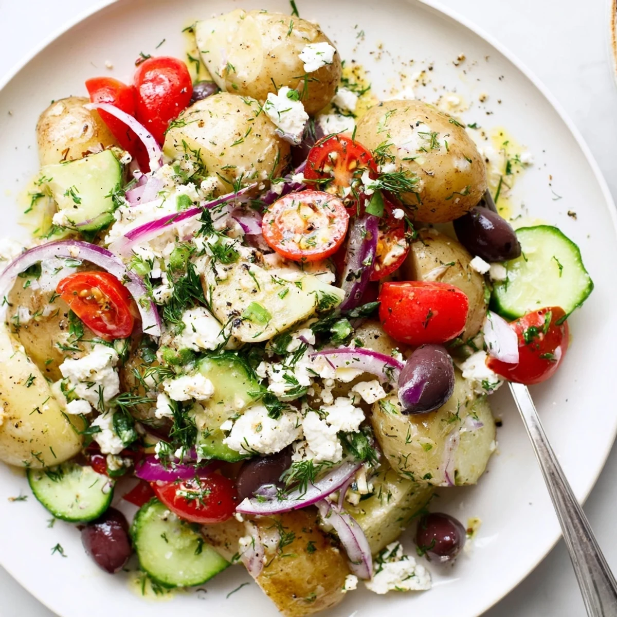 Aromatic Olive Greek Potato Salad tossed in lemon oregano dressing, served chilled