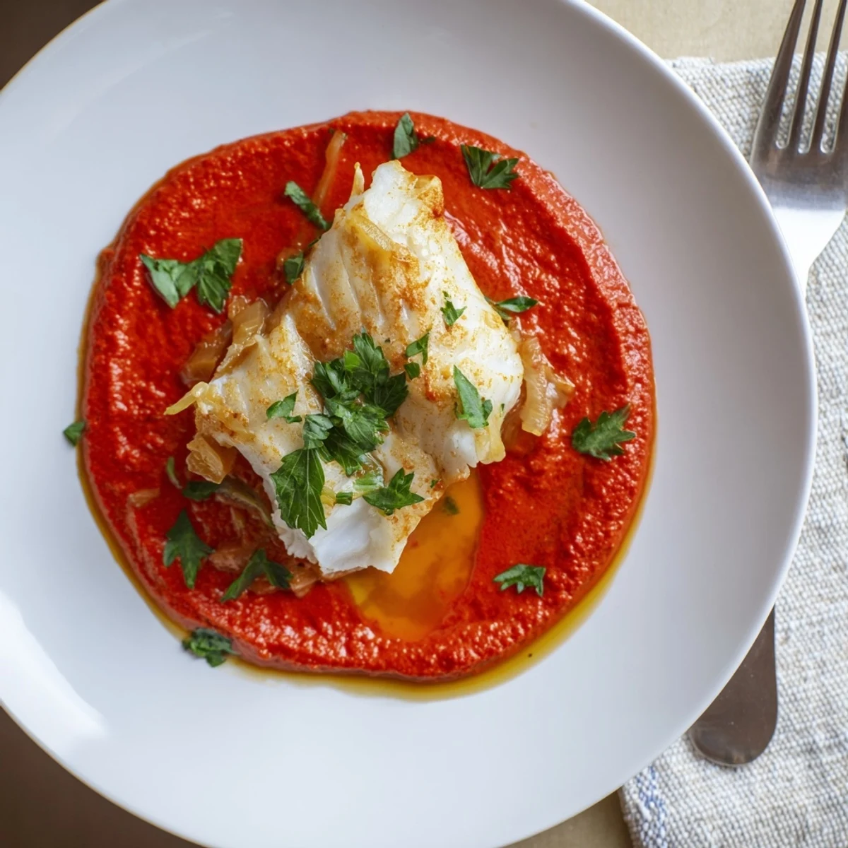 Cod In Roasted Red Pepper Sauce spooned over flaky fillets with lemon