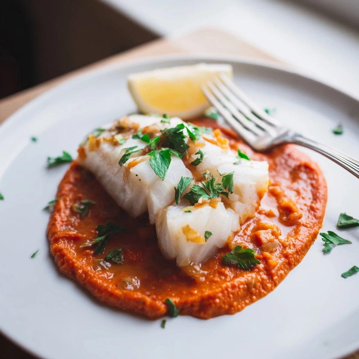 Bright Cod In Roasted Red Pepper Sauce simmered, garnished with parsley and wedges