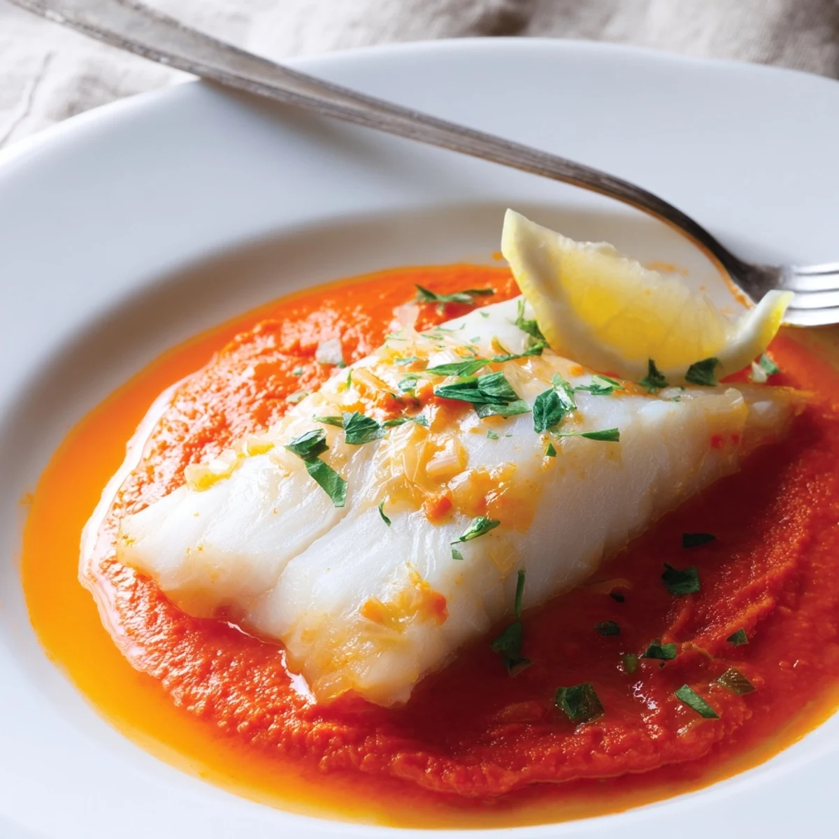 Cod In Roasted Red Pepper Sauce over rice, vibrant sauce glistening, aromatic