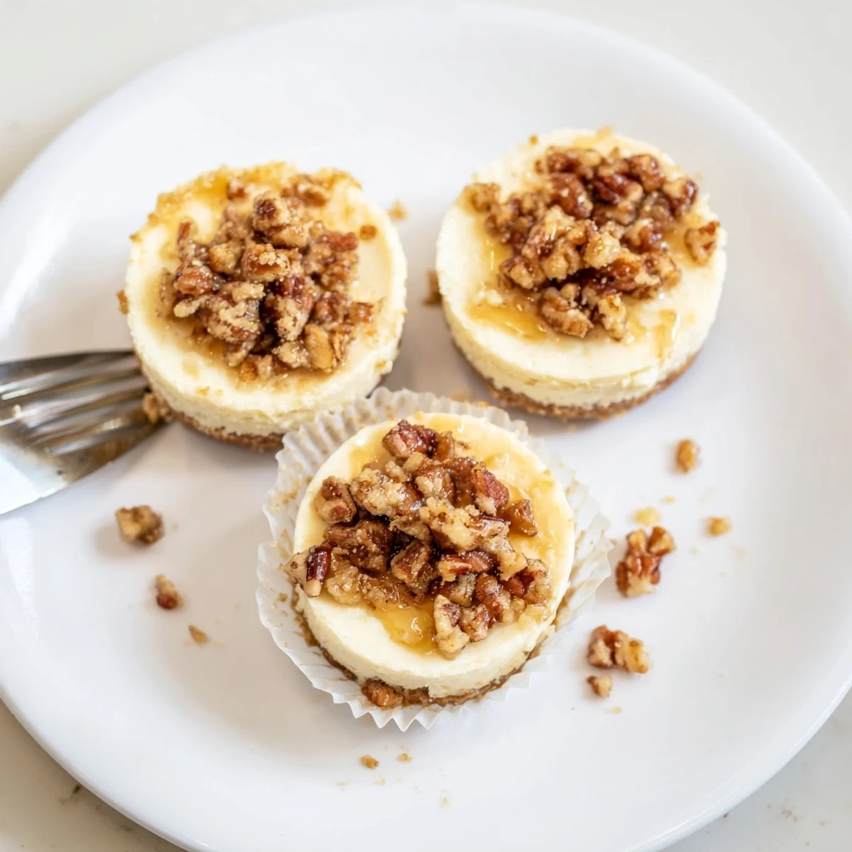 Mini Pecan Pie Cheesecakes with glossy pecan topping, buttery graham crust visible