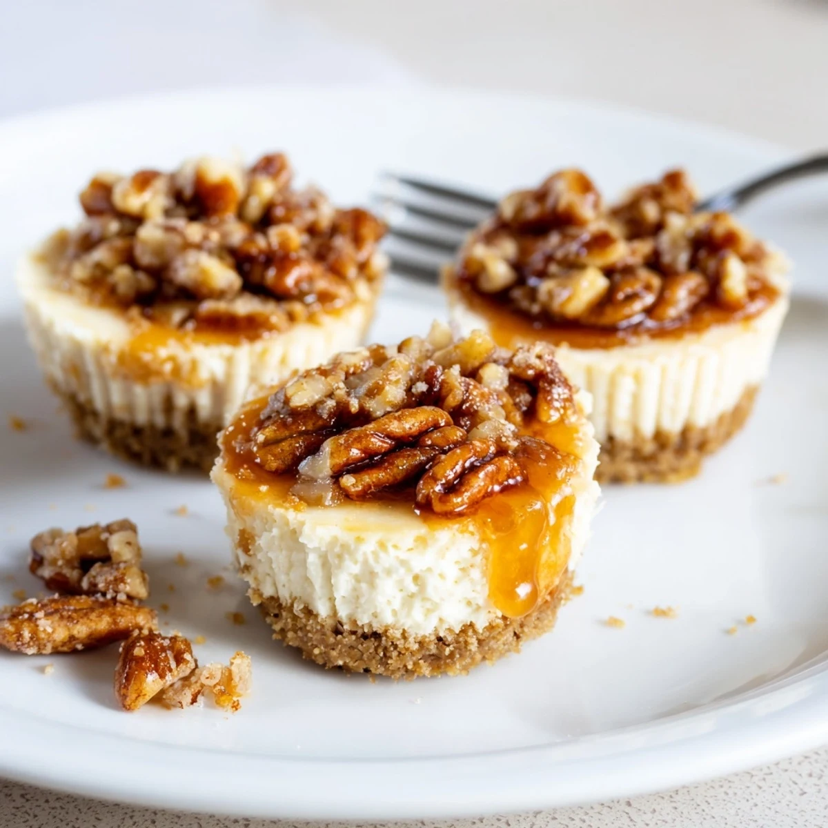 Mini Pecan Pie Cheesecakes displayed in paper liners, nutty crunch and velvety filling