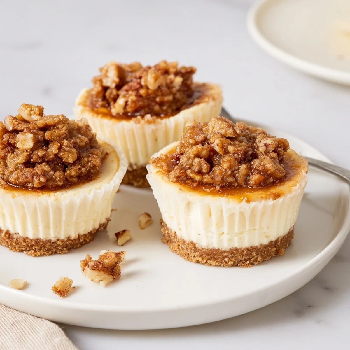 Chilled Mini Pecan Pie Cheesecakes topped with toasted pecans and whipped cream