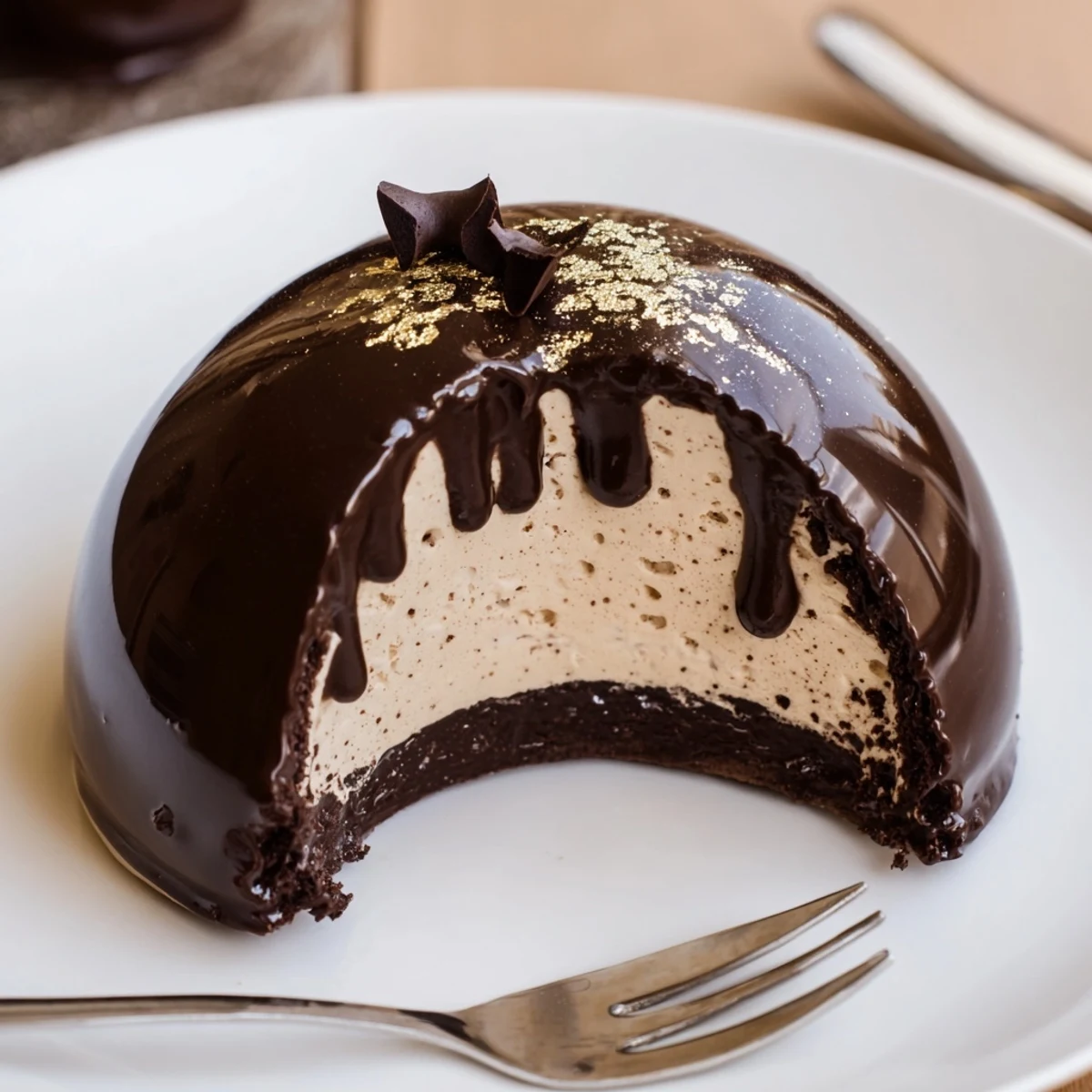 Elegant Chocolate Mascarpone Dome Dessert With Glossy Shells, silky mascarpone center, chilled.