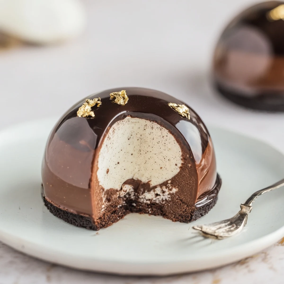 On plate with gold leaf, Elegant Chocolate Mascarpone Dome Dessert With Glossy Shells.