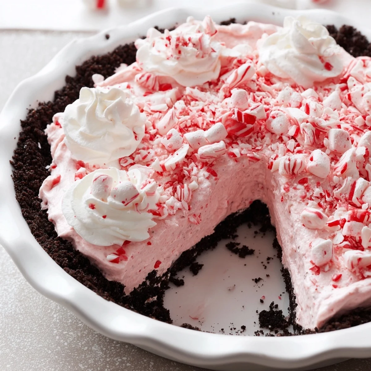 Slice of Candy Cane Pie on plate, fluffy whipped cream, peppermint crunch  
