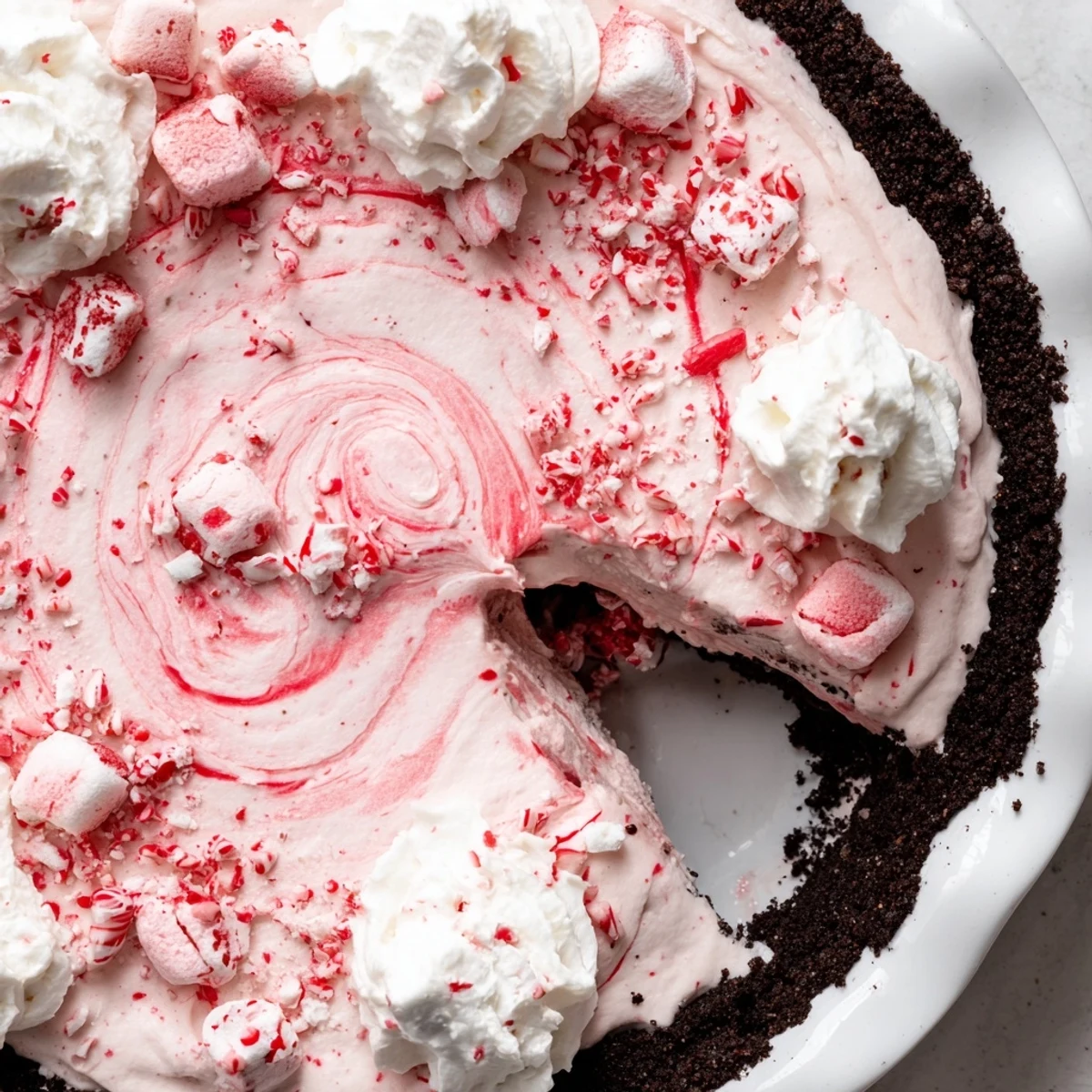 Candy Cane Pie with creamy peppermint filling, chocolate crust, crushed candy topping  