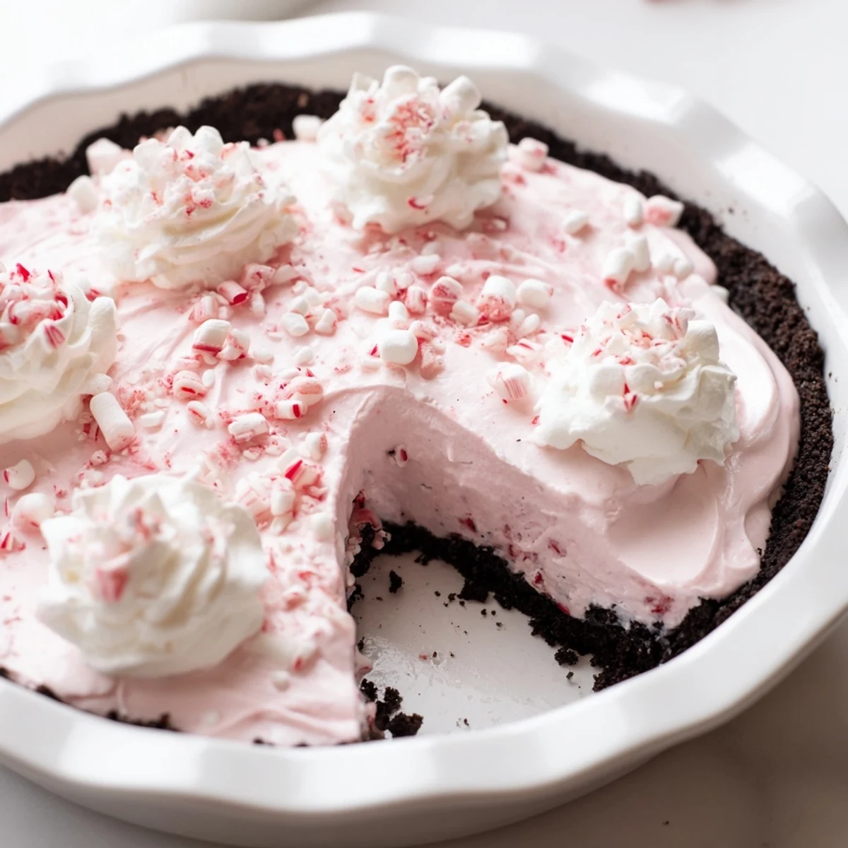 No-bake Candy Cane Pie chilled overnight, velvety pink filling studded with marshmallows
