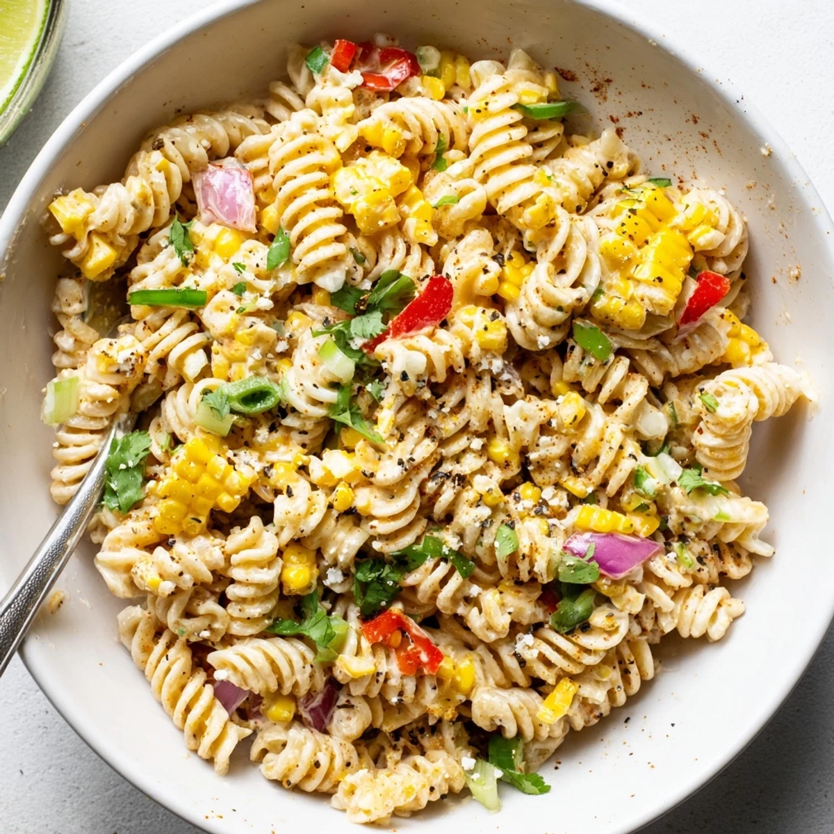Bright Juicy Street Corn Pasta Salad with charred corn, cilantro, lime