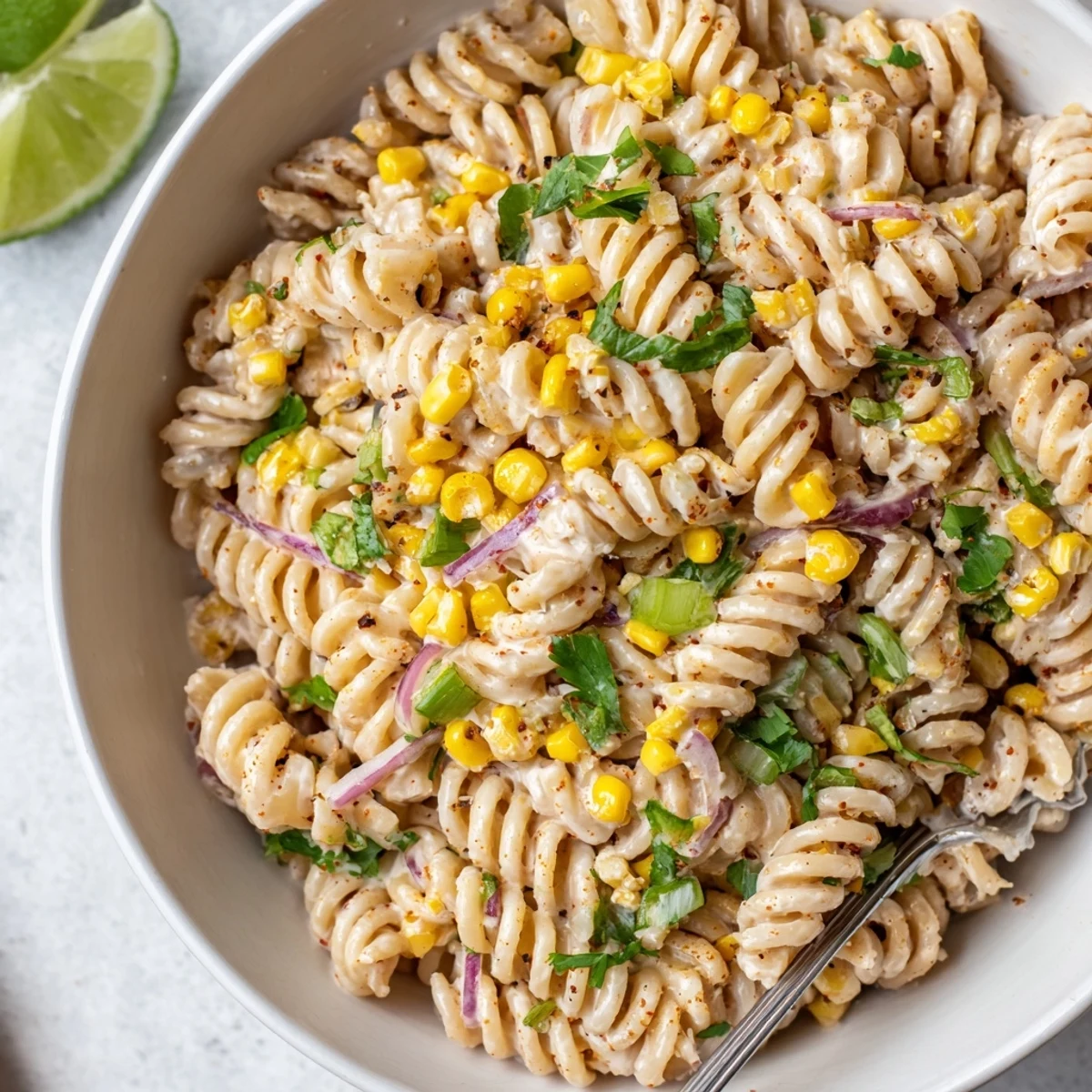 A bowl of Juicy Street Corn Pasta Salad beside lime wedges and jalapeños