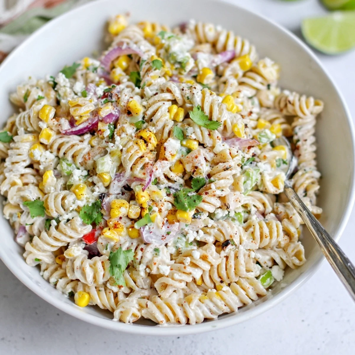 Creamy Juicy Street Corn Pasta Salad chilled for summer picnics, garnished with cotija