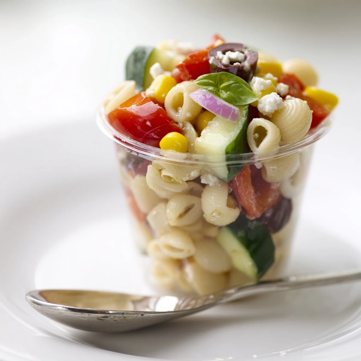 Pasta Salad Cups Recipe with colorful veggies, tangy dressing, olive oil sheen.
