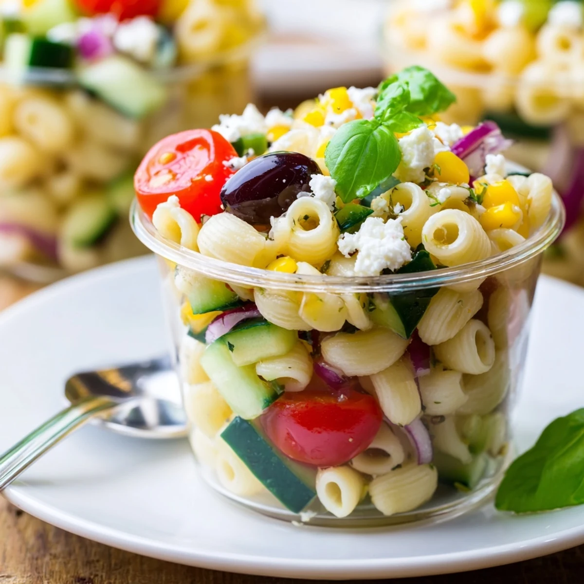 Chilled Pasta Salad Cups Recipe served in individual clear cups, perfect for picnics.