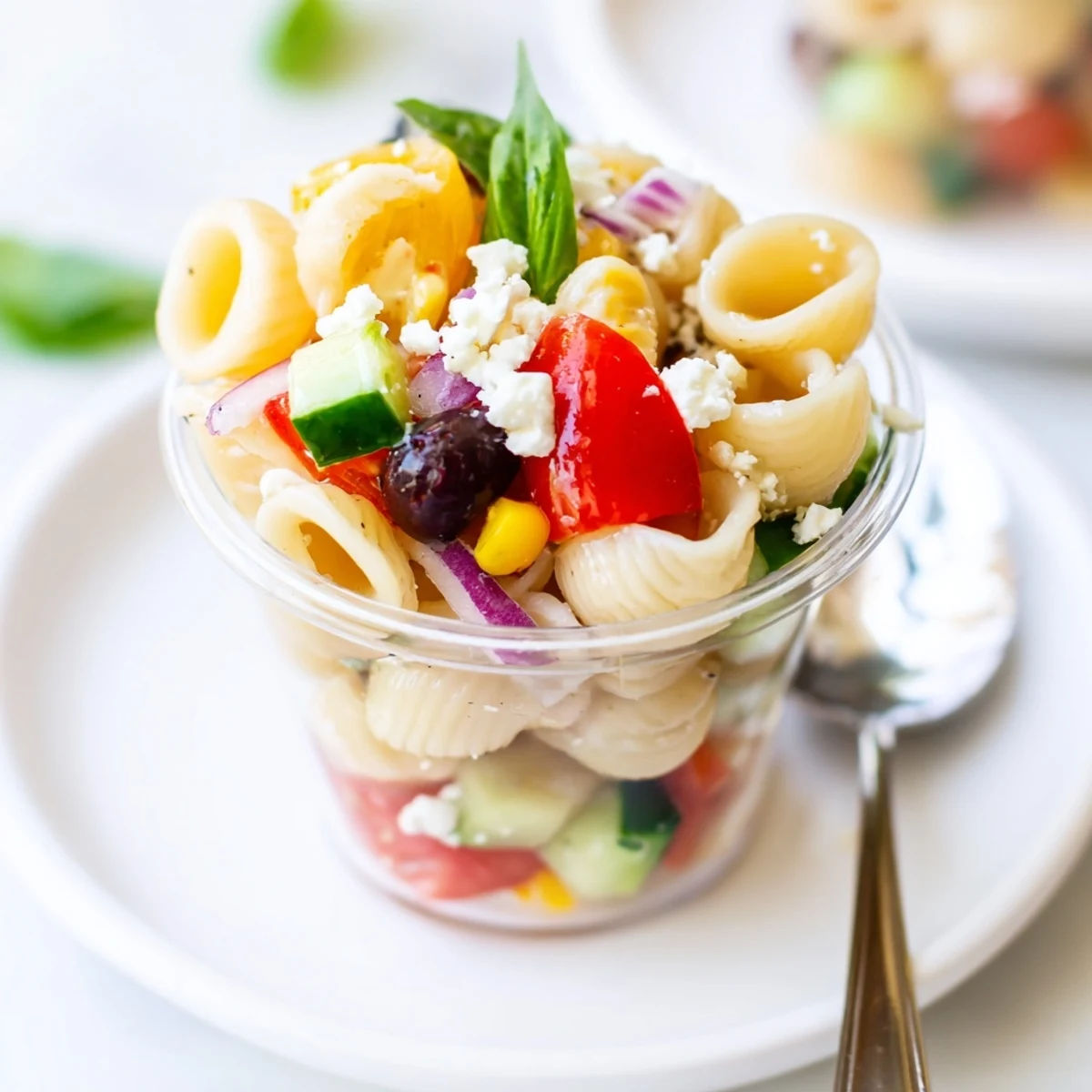 Bright, al dente Pasta Salad Cups Recipe bursting with basil, creamy feta, crunchy cucumber.