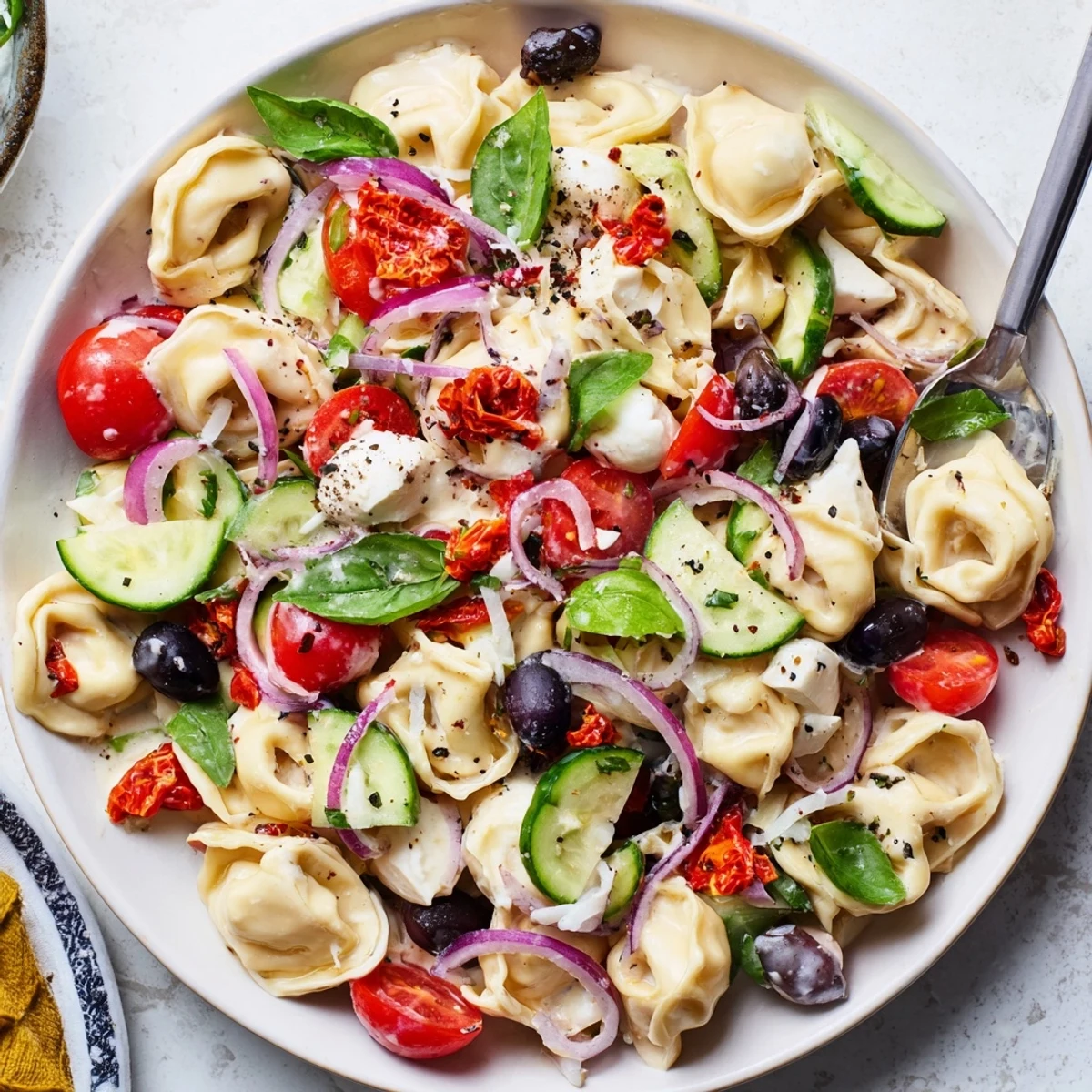 Colorful Tortellini Pasta Salad studded with cherry tomatoes, cucumber, and mozzarella