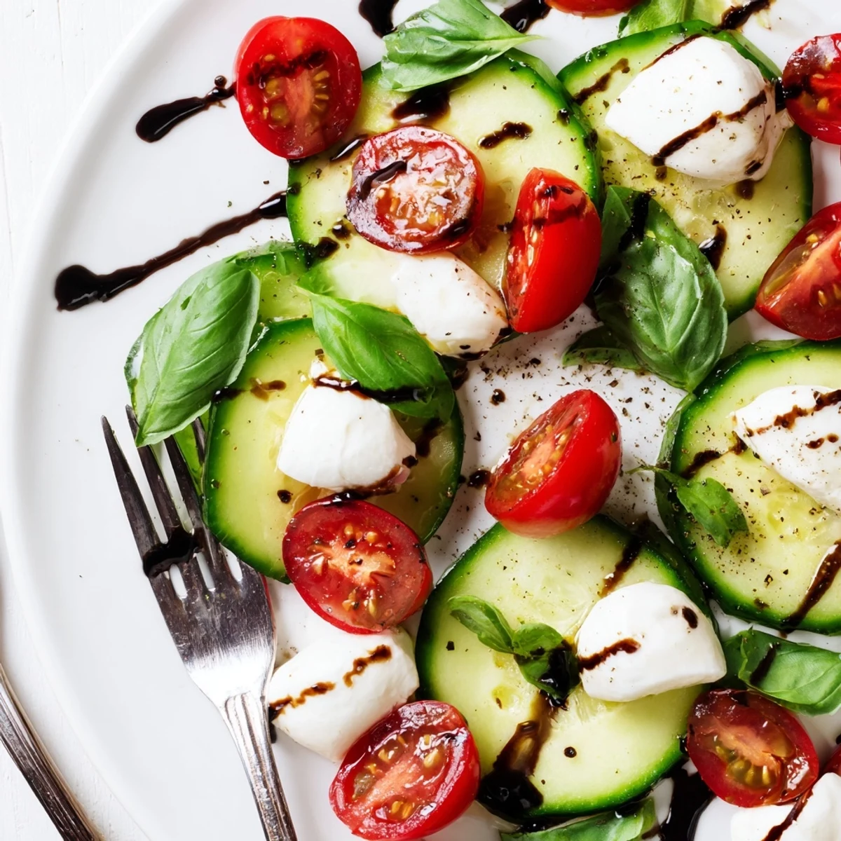 Juicy Cucumber Caprese Salad with crisp cucumbers, creamy mozzarella, fragrant basil.
