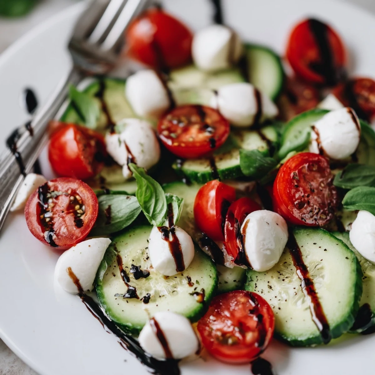Bowl of Juicy Cucumber Caprese Salad topped with glossy balsamic glaze, chilled.