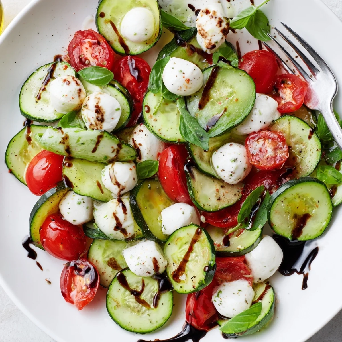 Juicy Cucumber Caprese Salad piled with vibrant tomatoes and torn basil.