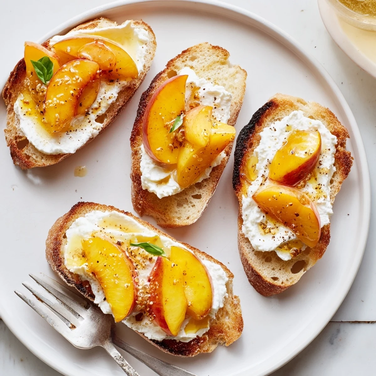 Peach Bruschetta With Whipped Ricotta on toasted baguette, honey-drizzled, basil garnish.