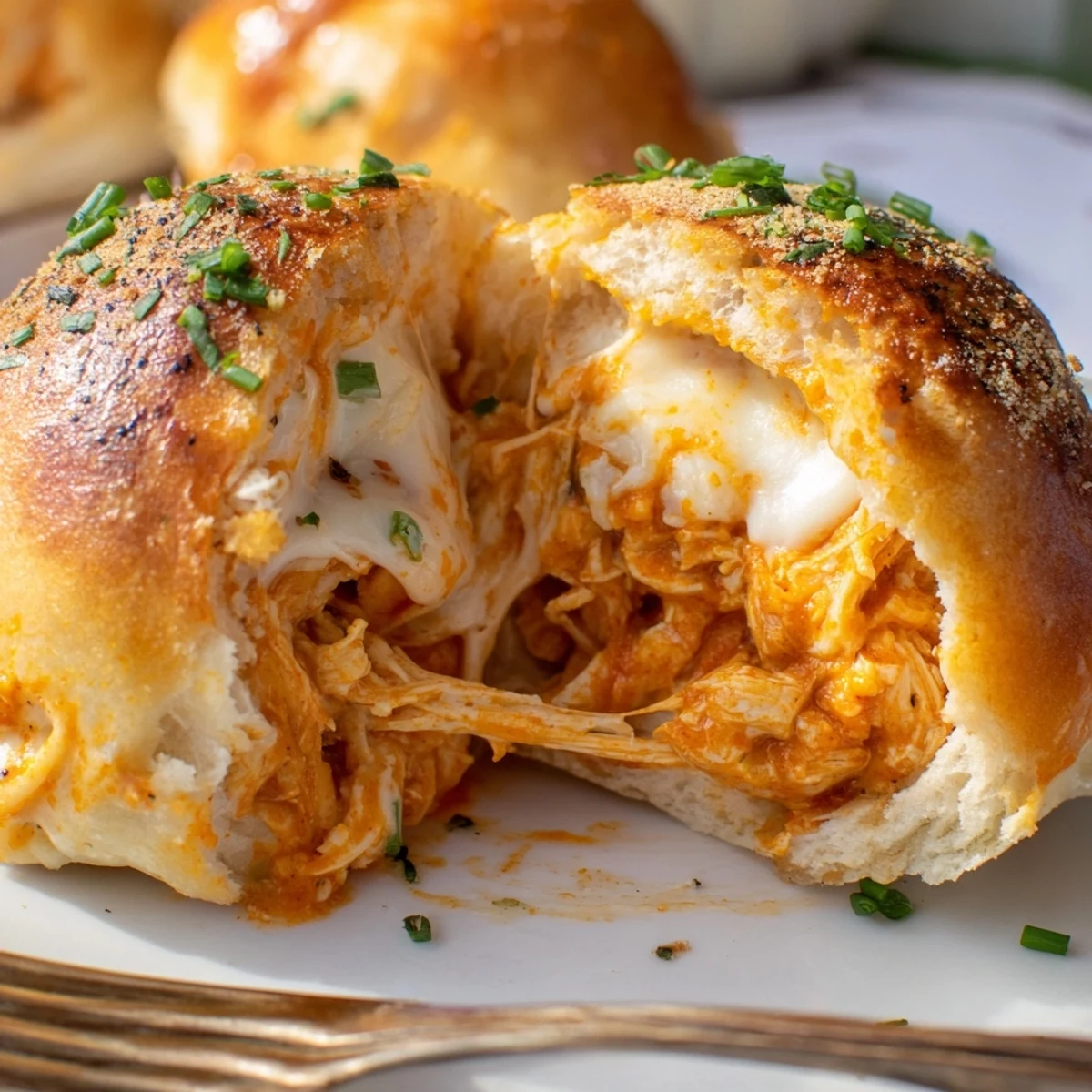 Warm Buffalo Chicken Mozzarella Bombs with spicy filling and buttery garlic glaze.
