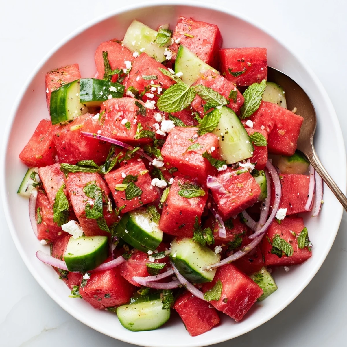 Watermelon Cucumber Salad with mint and lime, juicy cubes glistening