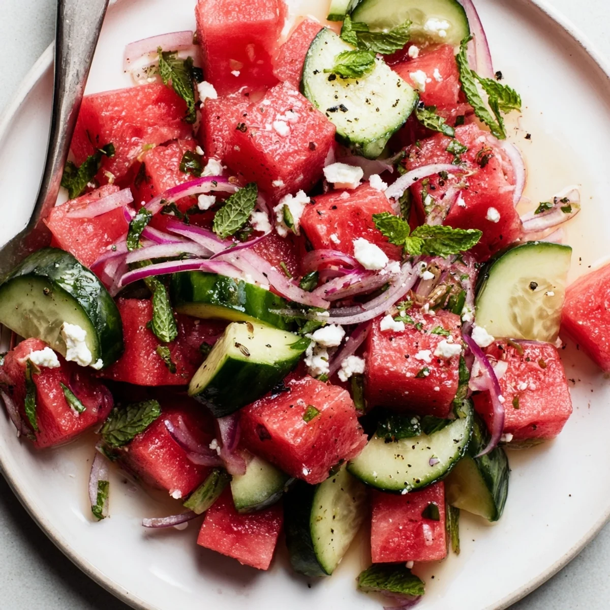 Plate of Watermelon Cucumber Salad with crumbled feta, cool crunchy contrast