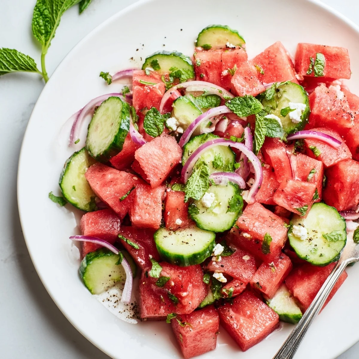 Chilled Watermelon Cucumber Salad tossed in zesty lime dressing, refreshing
