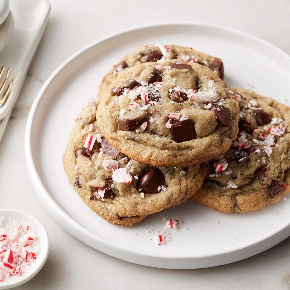 Peppermint Chocolate Chip Cookies piled on parchment, gleaming chocolate and crushed candy.