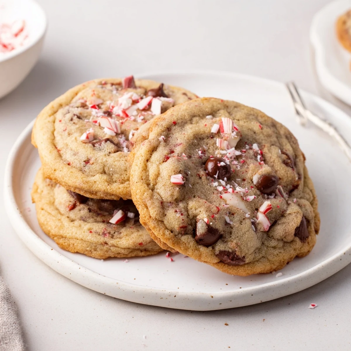 Fresh-baked Peppermint Chocolate Chip Cookies beside a glass of cold milk.