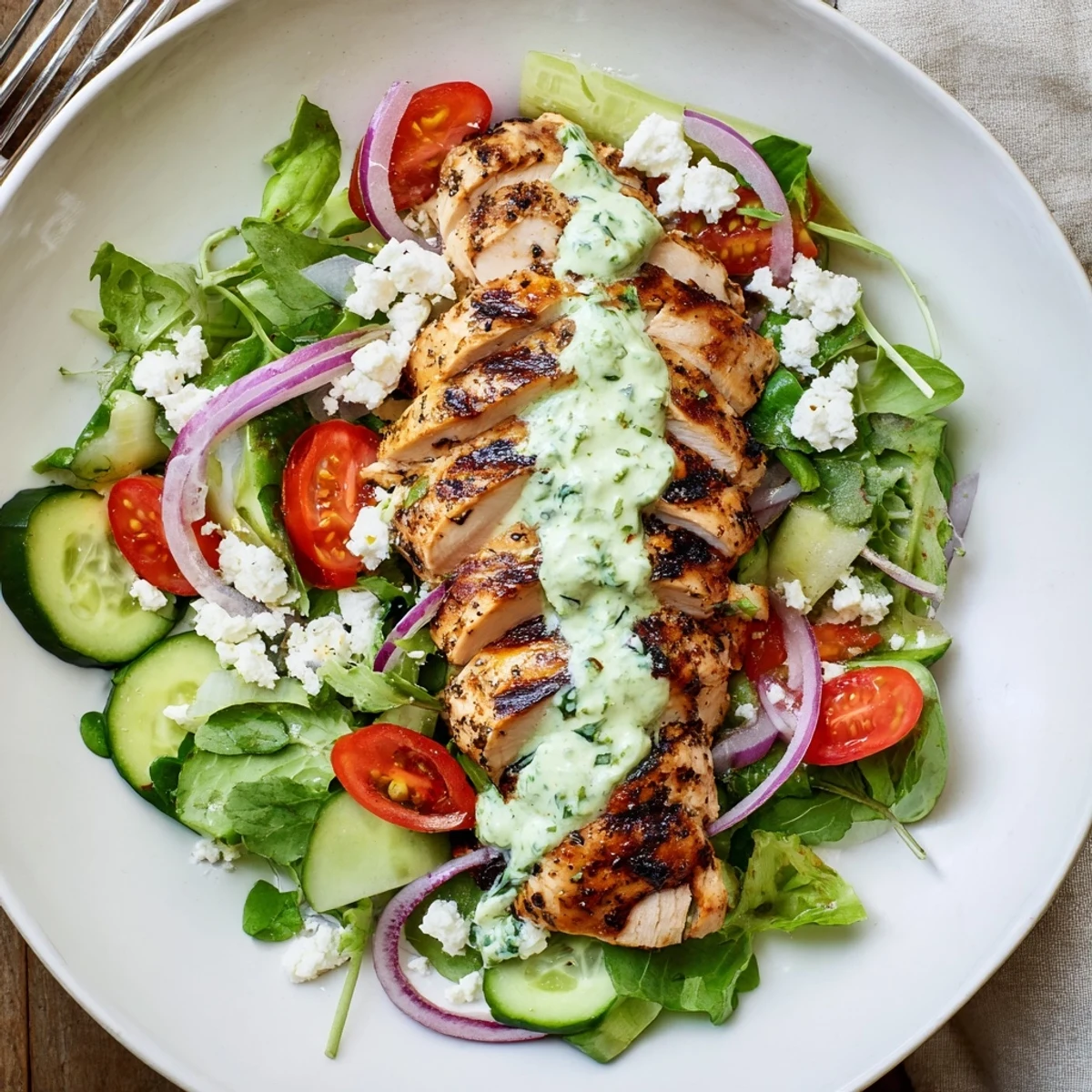 Bright Grilled Chicken Salad Avocado Herb Dressing drizzled over colorful tomatoes, cucumber