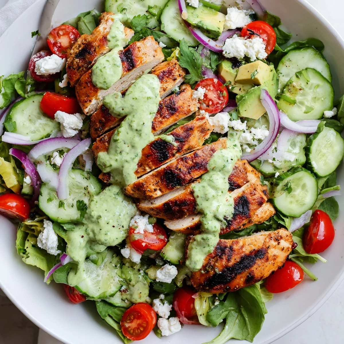 Grilled Chicken Salad Avocado Herb Dressing with sliced warm chicken, crisp greens