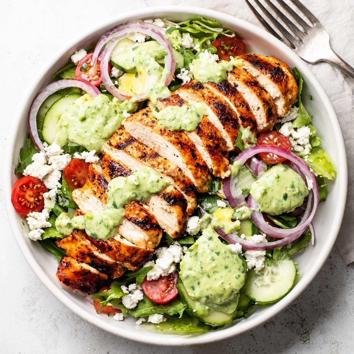 Creamy Grilled Chicken Salad Avocado Herb Dressing served chilled, tangy lime aroma