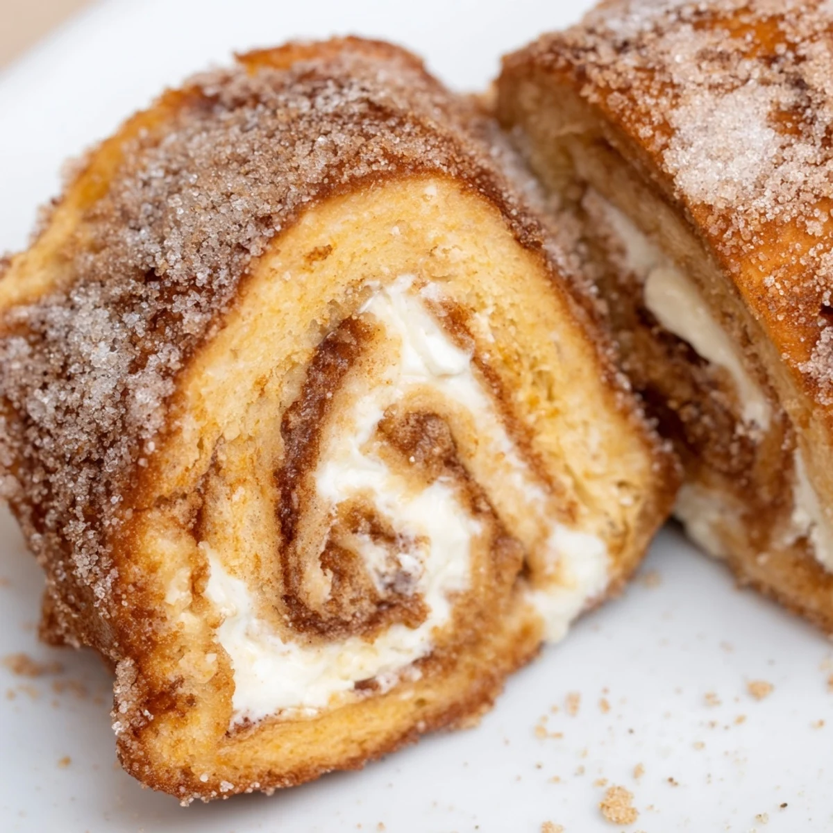 Skillet-seared Cinnamon Roll French Toast Roll Ups served with powdered sugar.