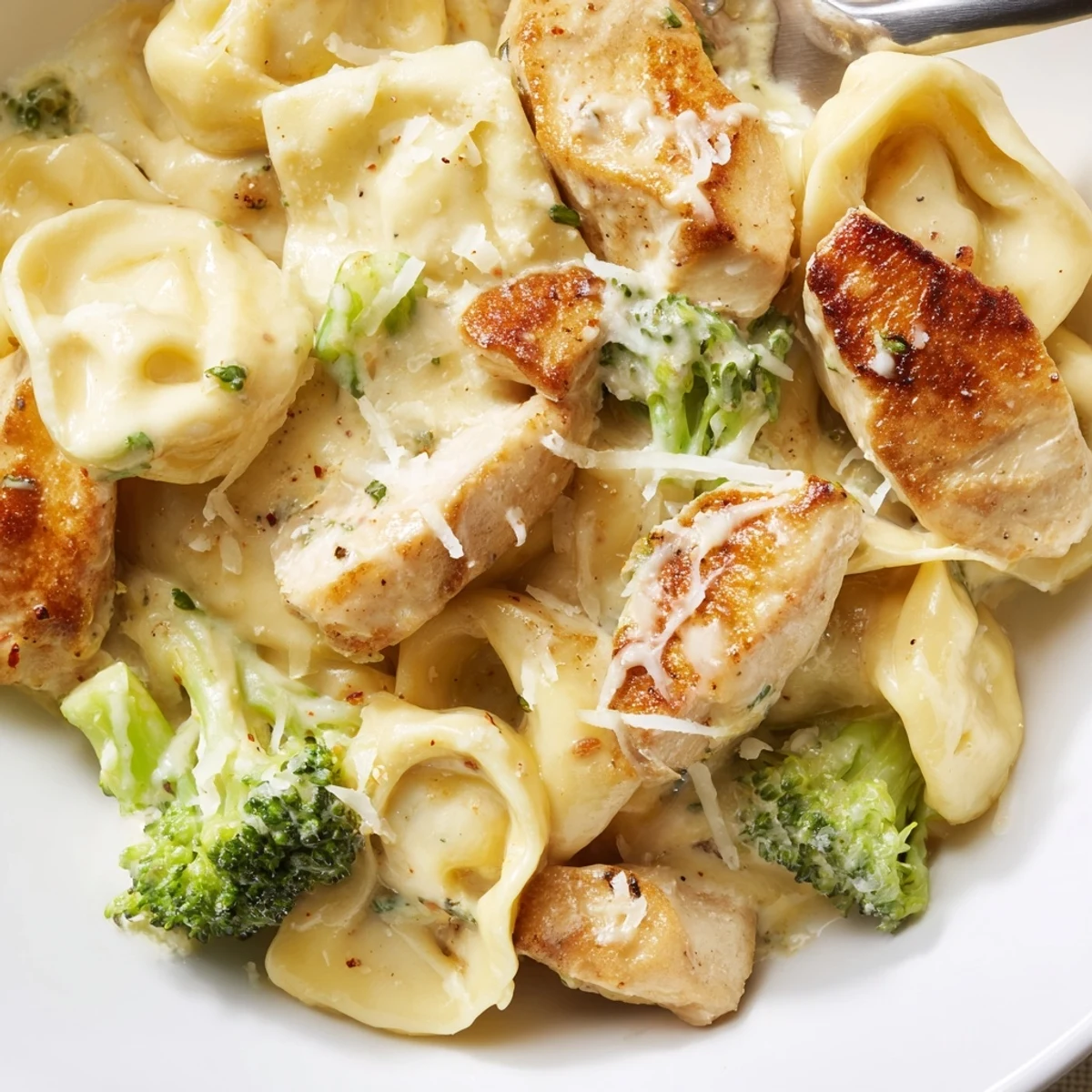 Creamy Garlic Parmesan Tortellini Chicken Broccoli Recipe tossed with crisp green florets, Parmesan finish.