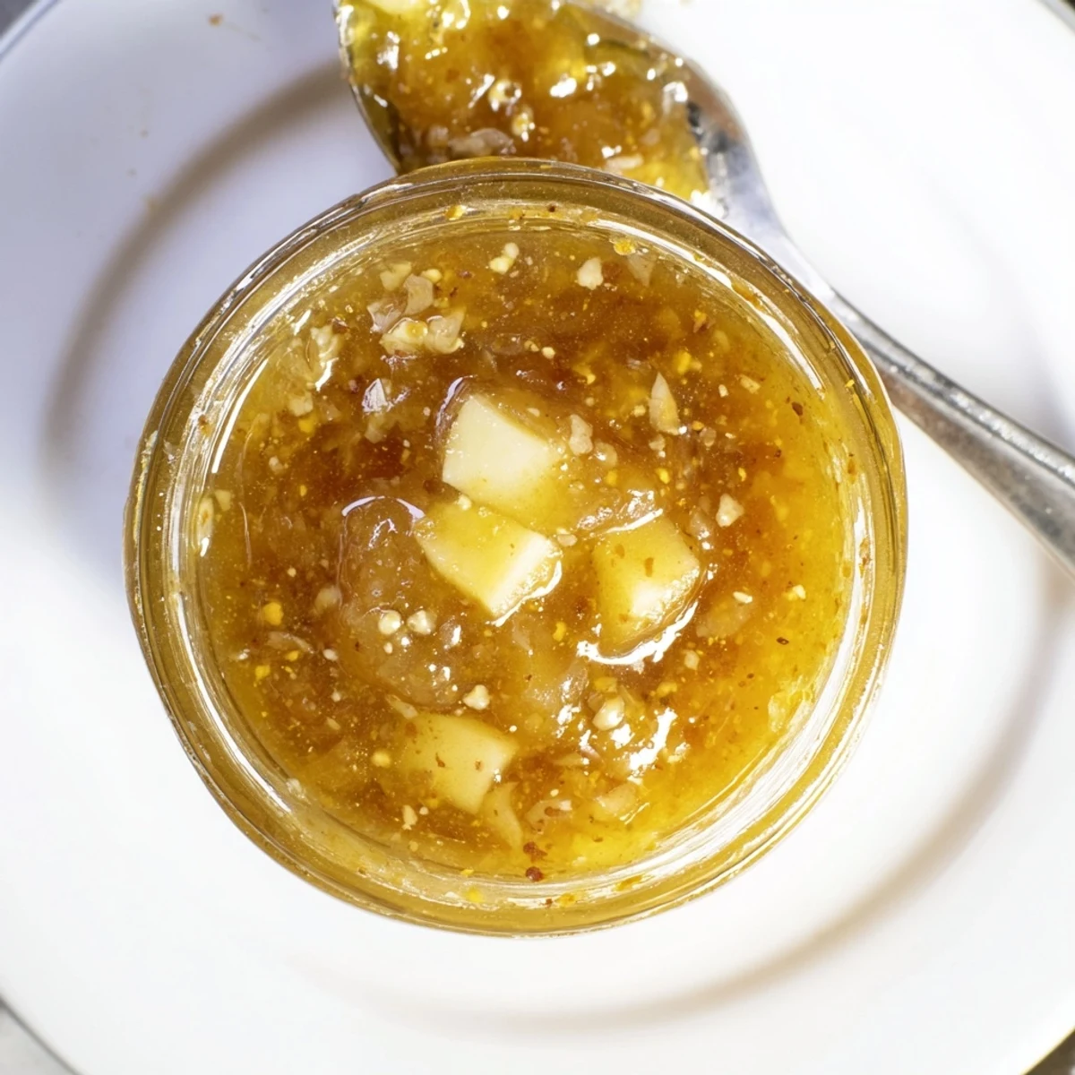 Warm Fall Caramel Apple Jam spooned over buttered toast, chunky and fragrant