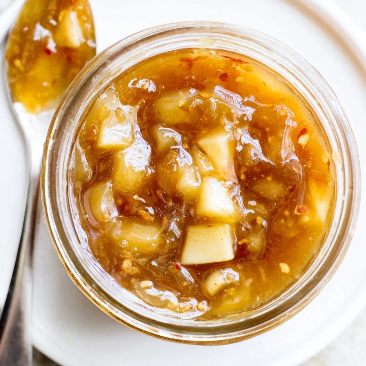 Glistening Fall Caramel Apple Jam in mason jars, warm cinnamon and silky texture