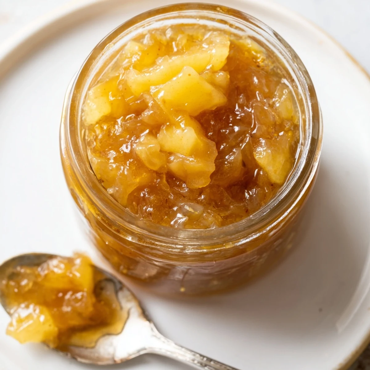 Cooling jars of homemade Fall Caramel Apple Jam, buttery aroma makes great gifts