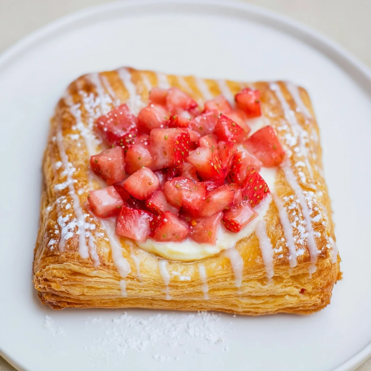 Warm Strawberry Danish Recipe on parchment, flaky pastry, cream cheese, glistening strawberries.