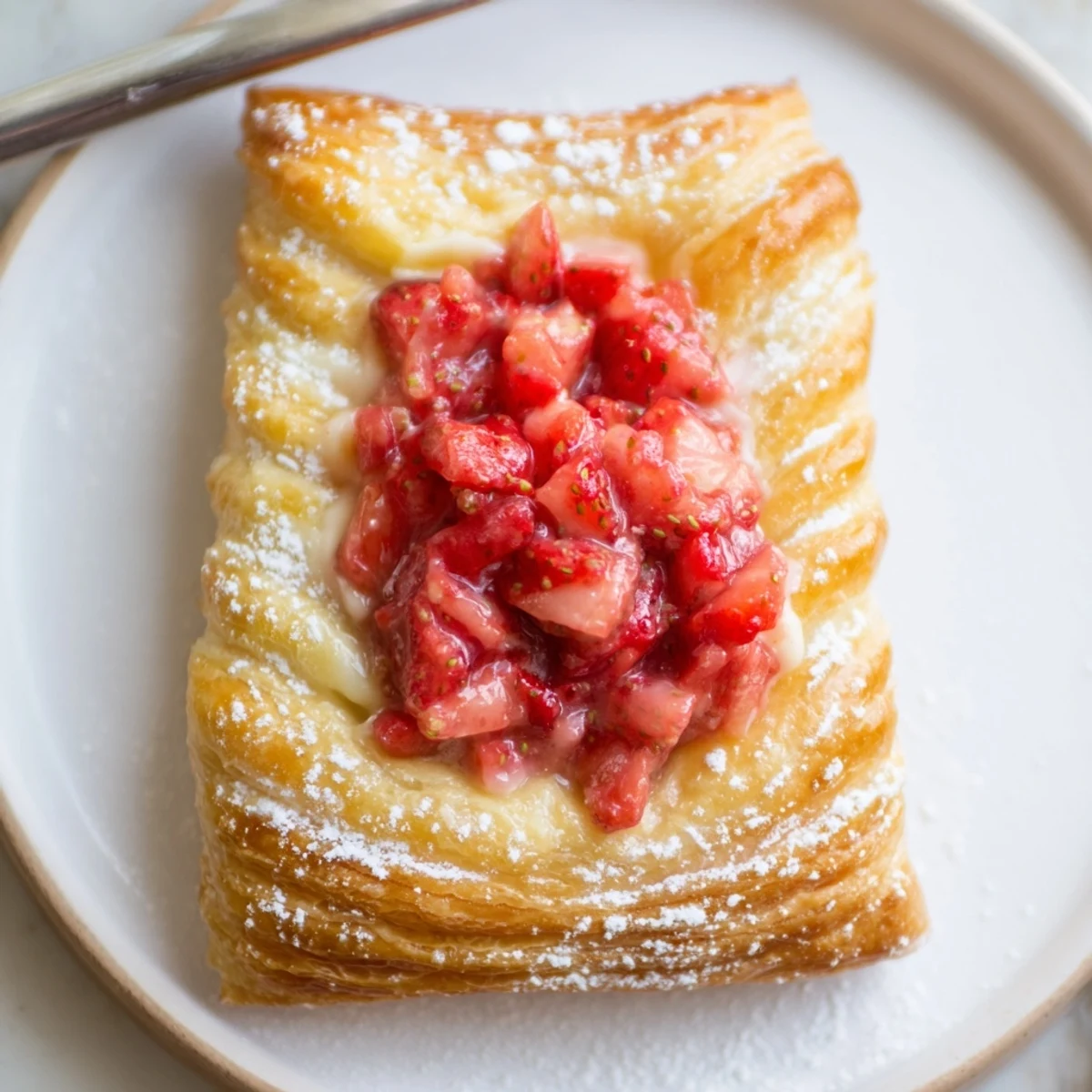Puff pastry squares brushed with egg wash, juicy strawberry centers — Strawberry Danish Recipe.