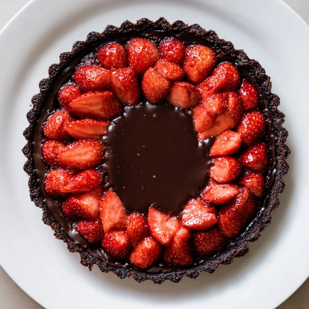 Dark Chocolate Strawberry Tart Recipe on a plate with glossy berries