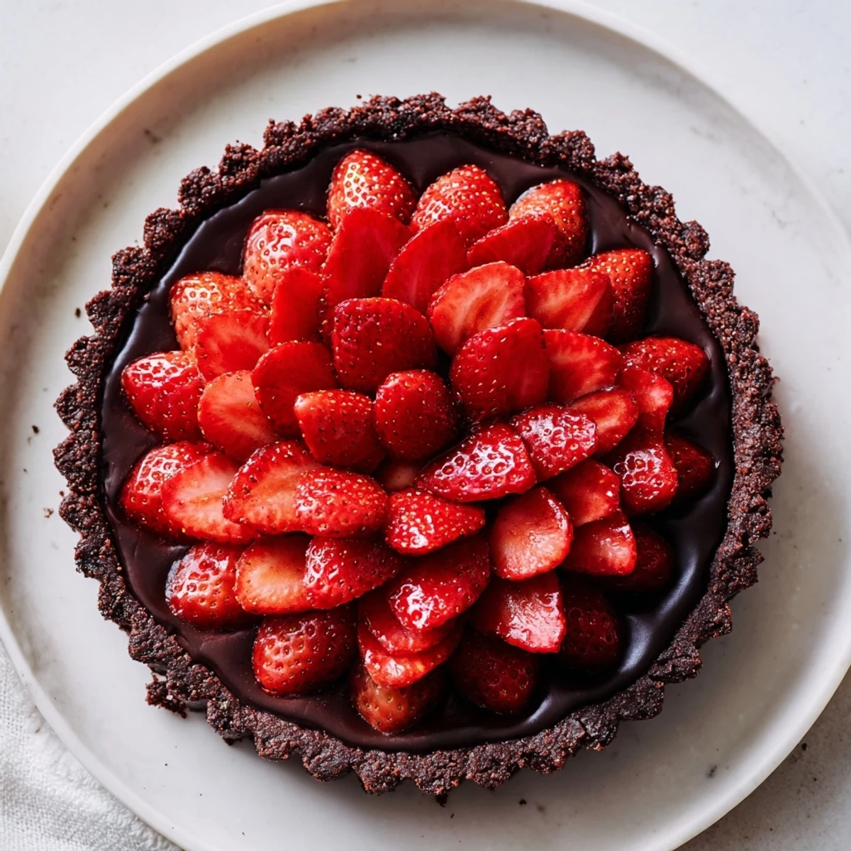 Fork-ready Dark Chocolate Strawberry Tart Recipe with crisp chocolate crust and juicy strawberries