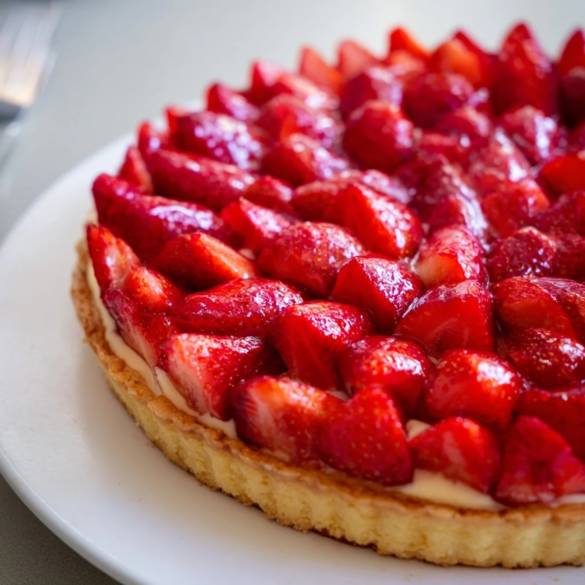 Tarte aux Fraises with glossy sliced strawberries atop creamy vanilla pastry filling