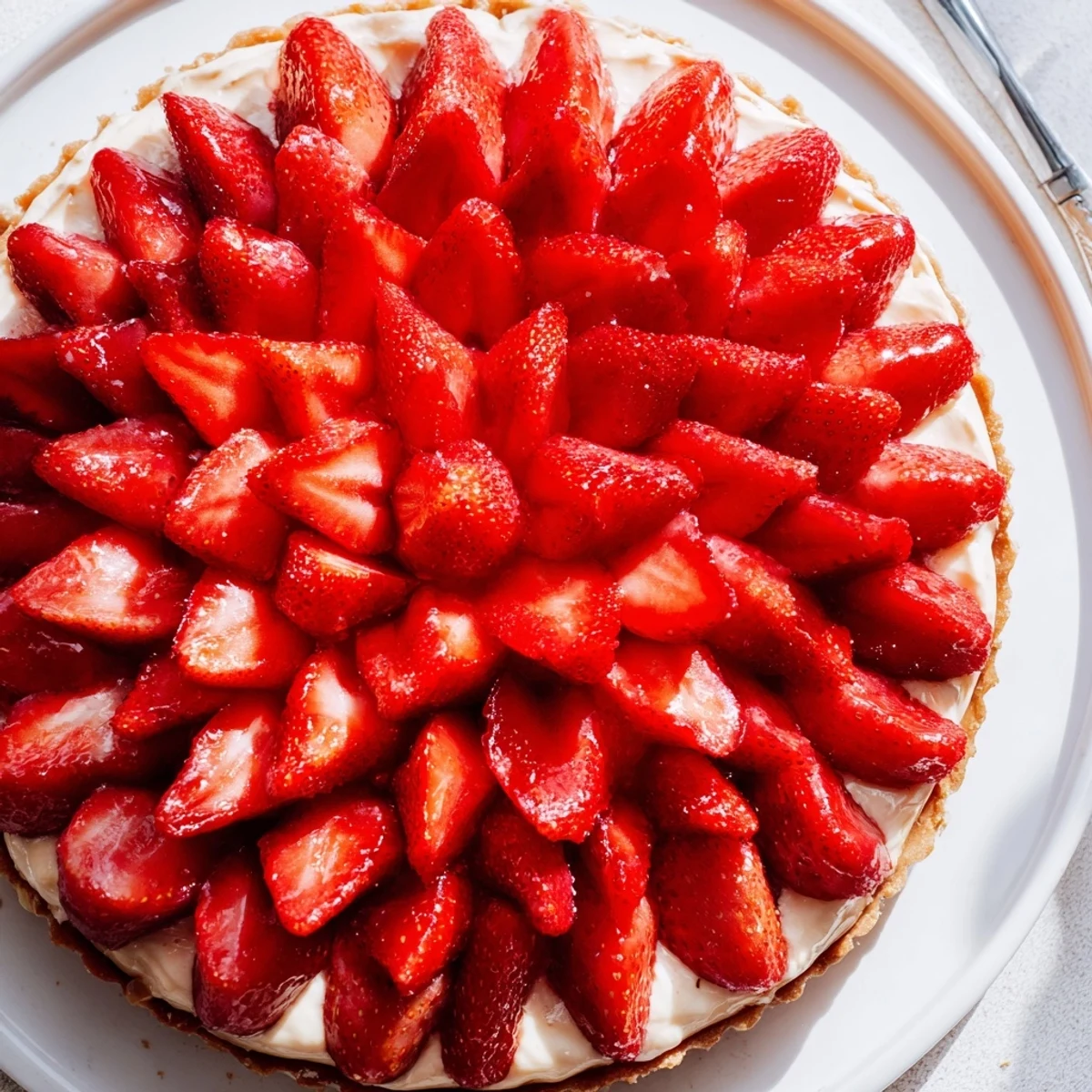 Summer Tarte aux Fraises showing ripe berries over silky crème pâtissière, ready to serve