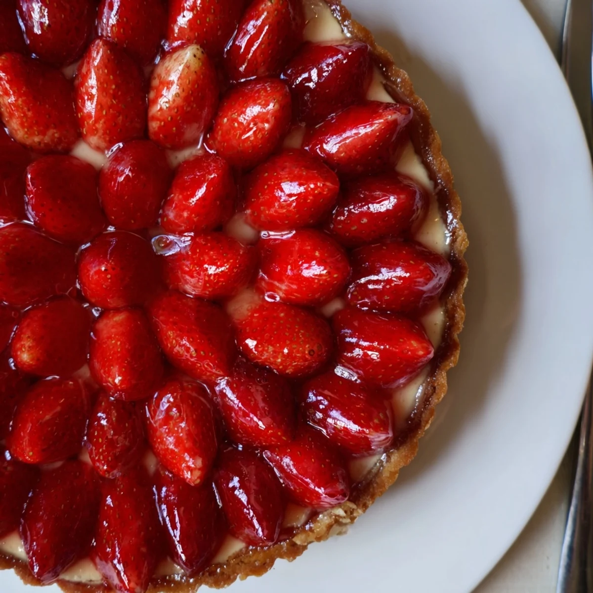 Chilled Tarte aux Fraises on a plate, apricot-glazed berries and golden crust