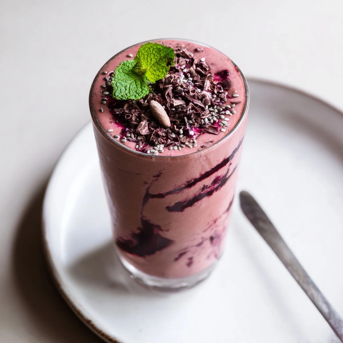 Chocolate Beet Smoothie in tall glass, velvety cocoa and earthy beet sweetness