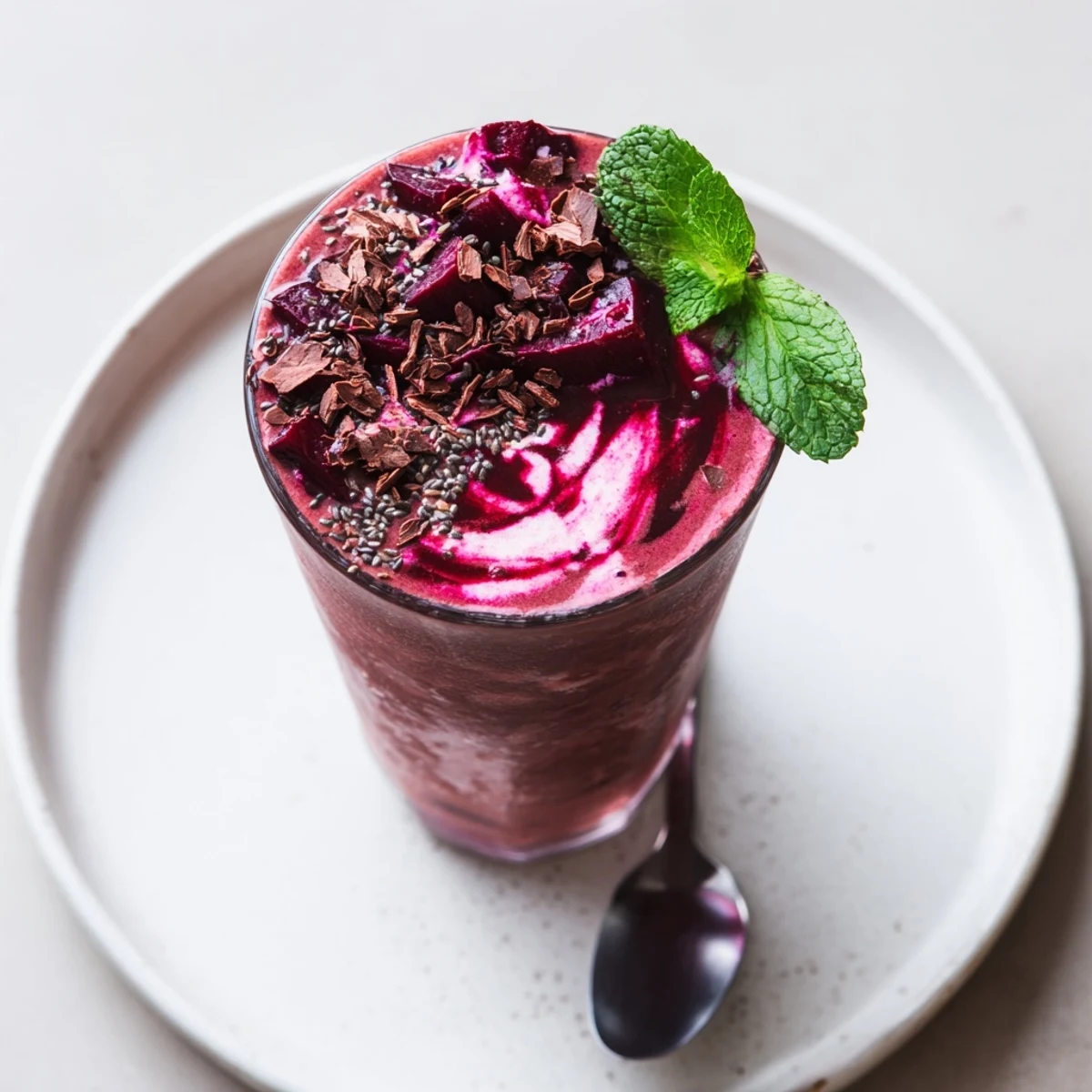 Frosty Chocolate Beet Smoothie blended with banana and almond milk, garnished with mint
