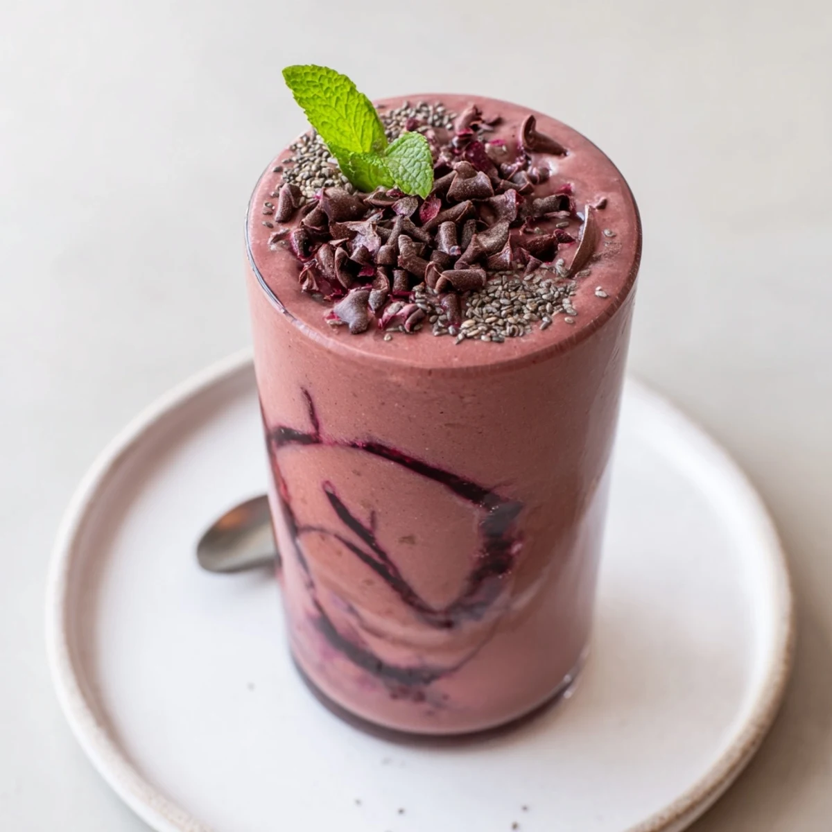 Chocolate Beet Smoothie poured into two glasses, topped with crunchy cacao nibs