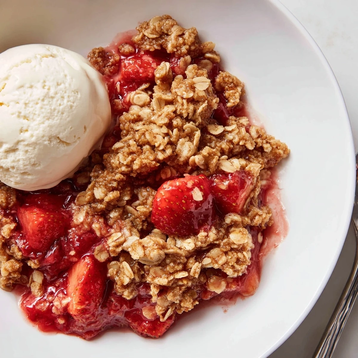 Fresh Strawberry Crisp bubbling in a golden oat topping, served warm