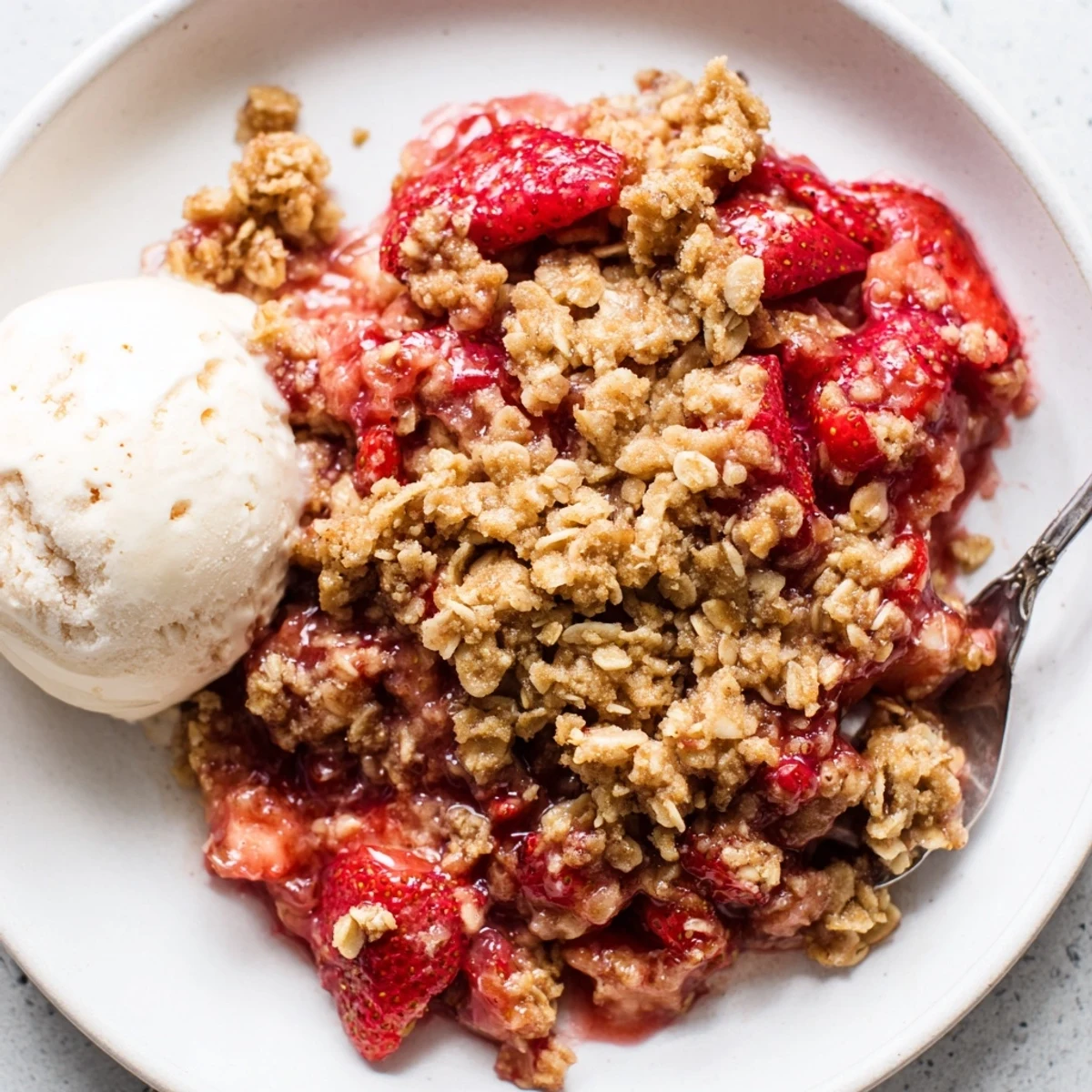 Warm Fresh Strawberry Crisp with vanilla ice cream melting over crisp oats