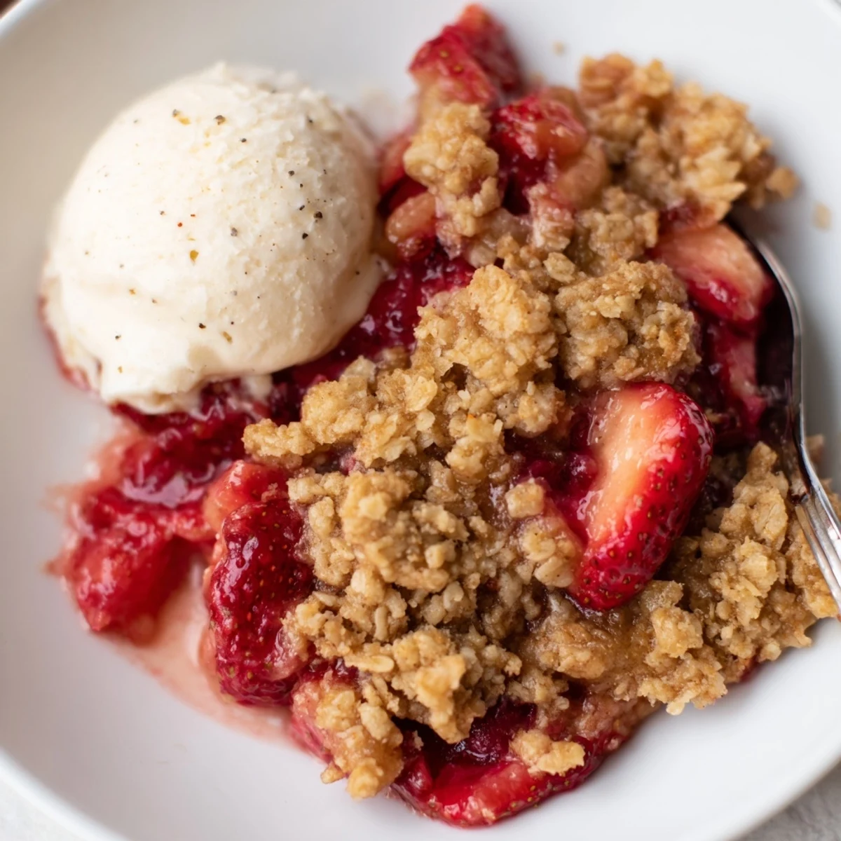 Fresh Strawberry Crisp cooling in dish, fragrant berries bubbling beneath golden crumble